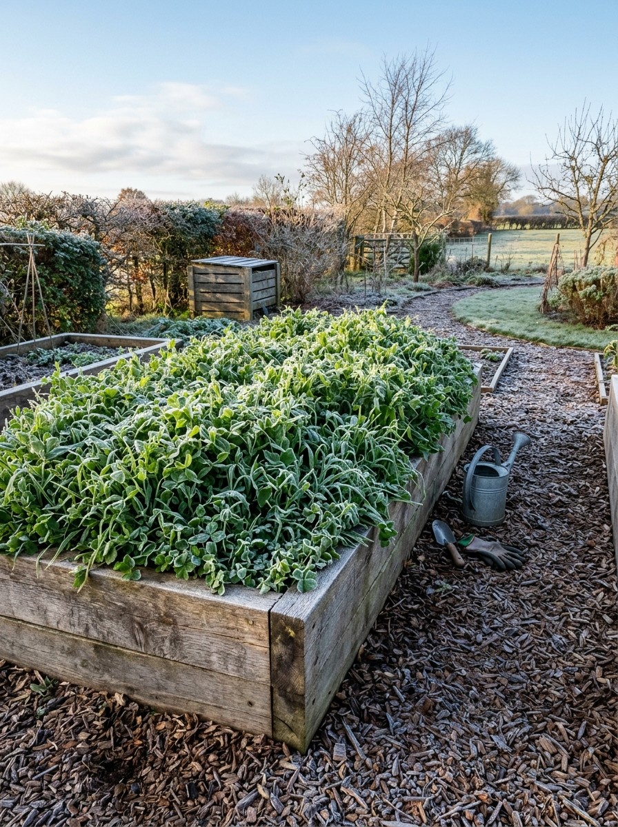 Stunning wooden raised garden bed filled with a thick living green blanket of winter cover crops during late autumn