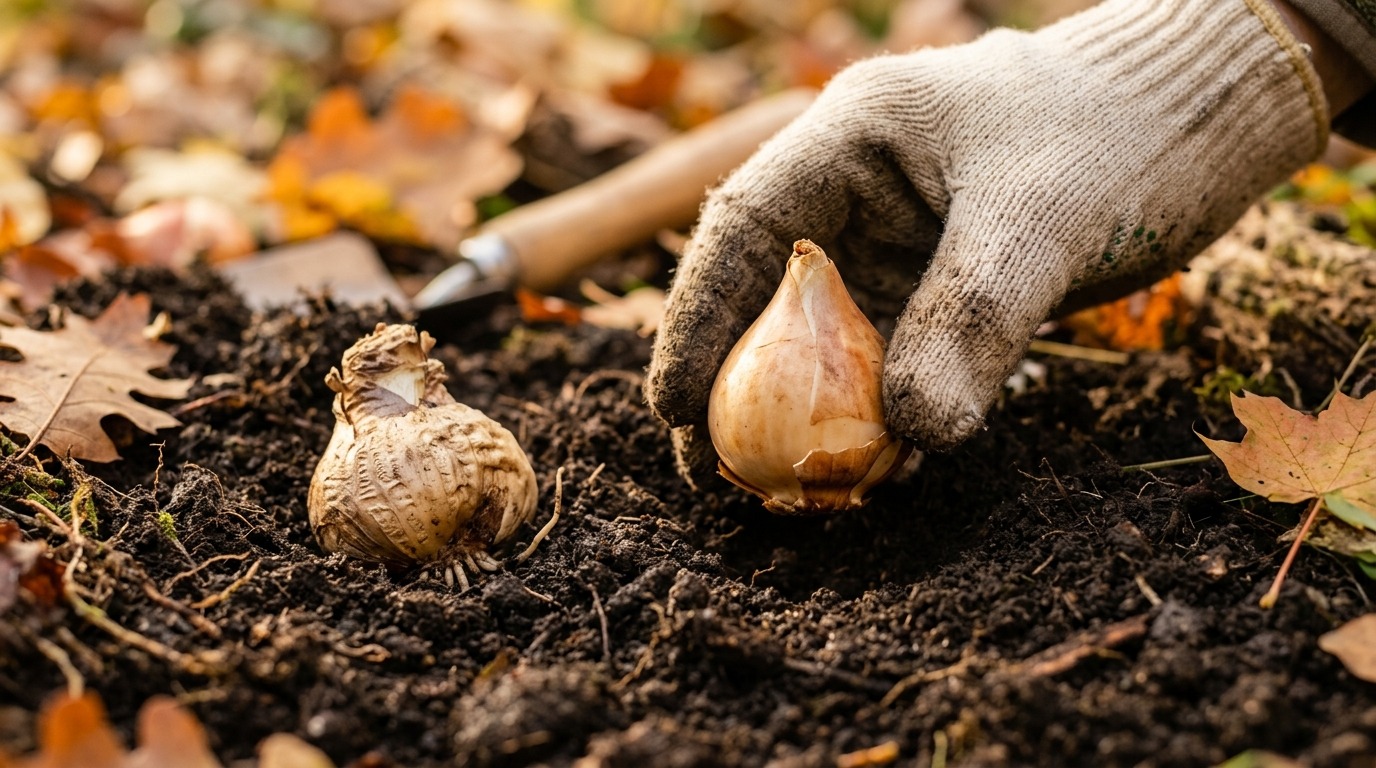 Planting spring flower bulbs in autumn garden soil