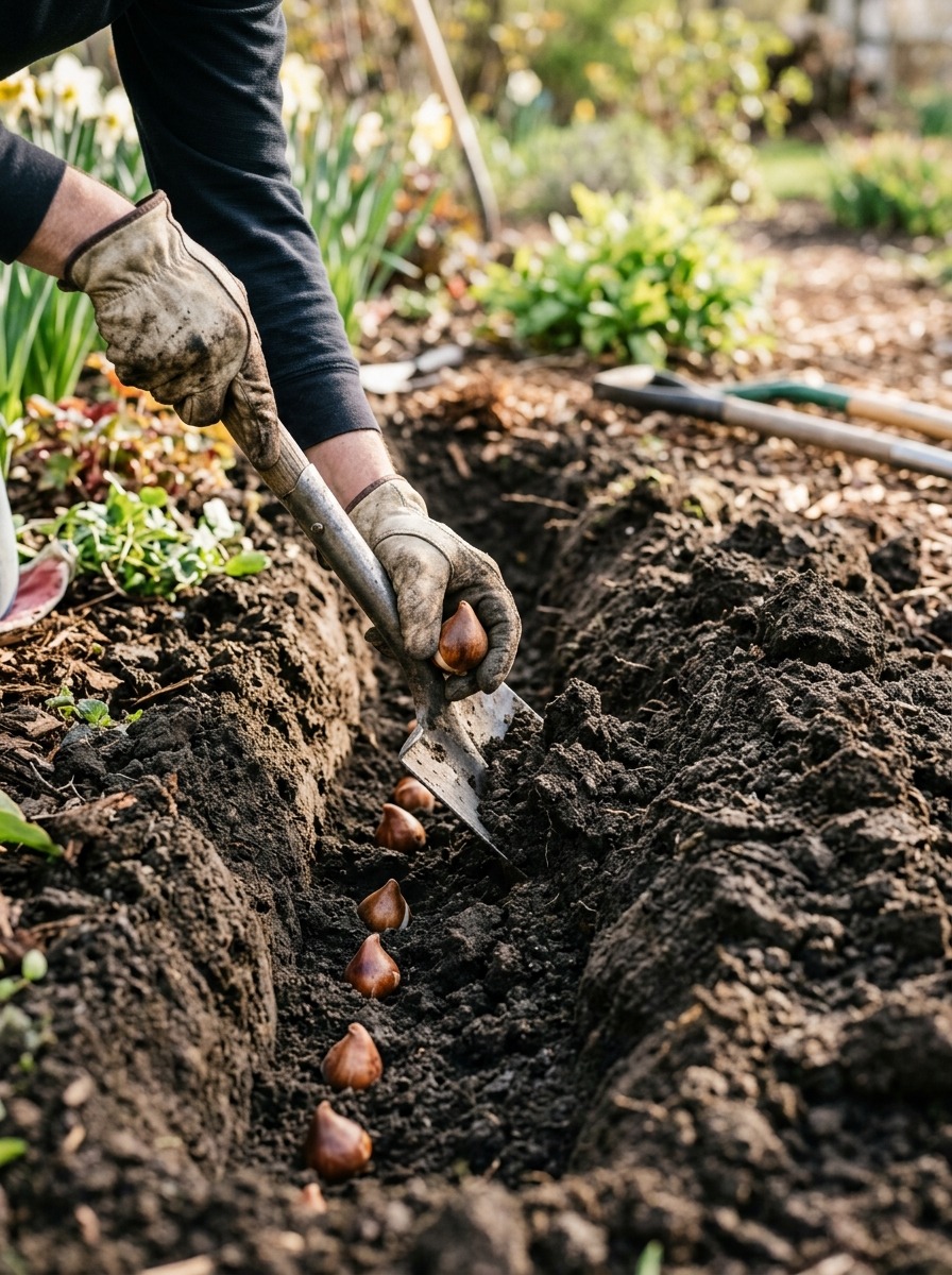 Amending bulb planting trench with bone meal and granular soil amendments