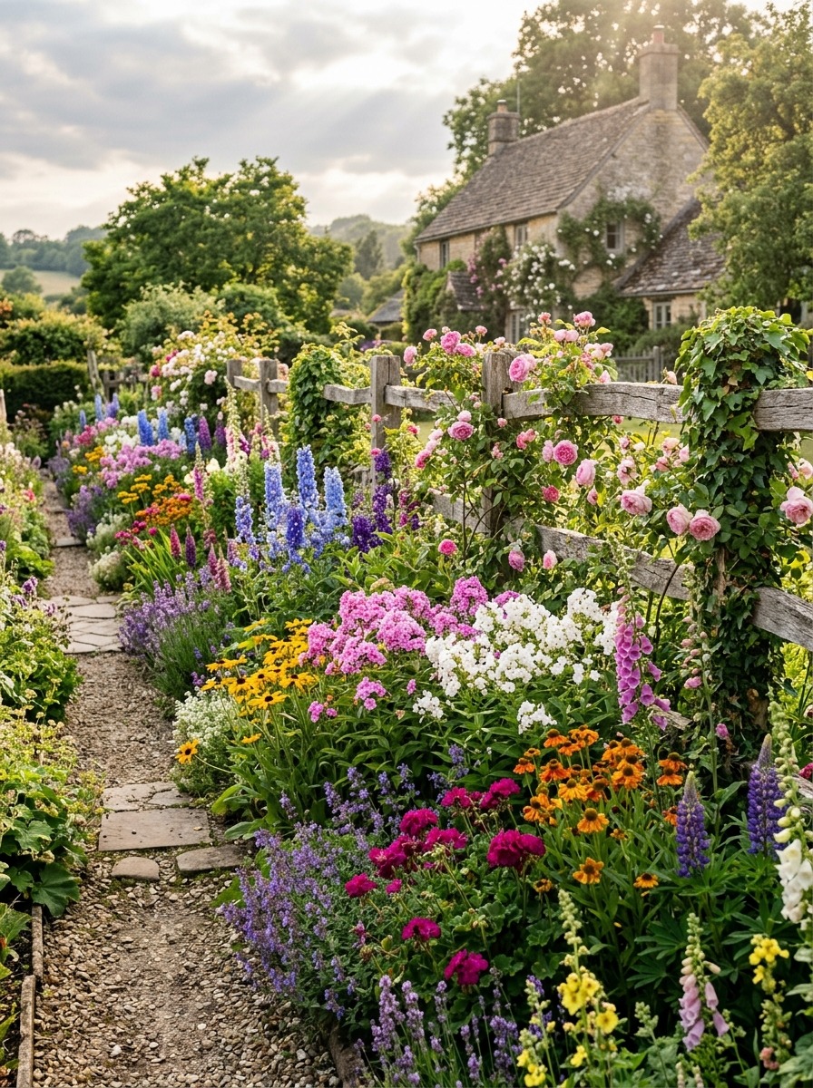 Lush perennial cottage garden border in mid-summer bloom