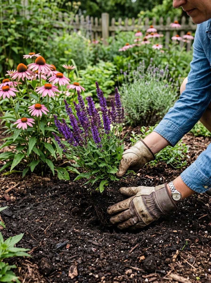 Amending garden soil and spacing perennial pots