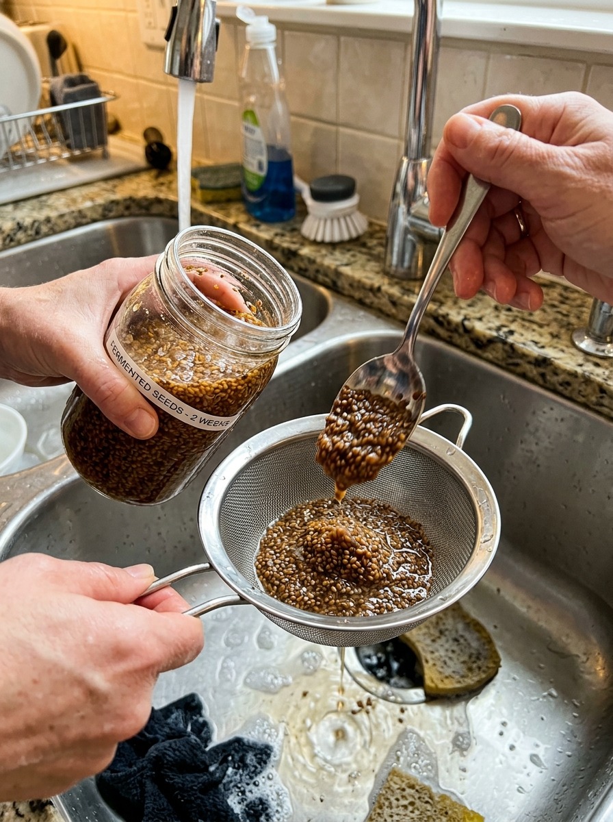 Gardener extracting and rinsing clean heirloom seeds through a fine mesh strainer