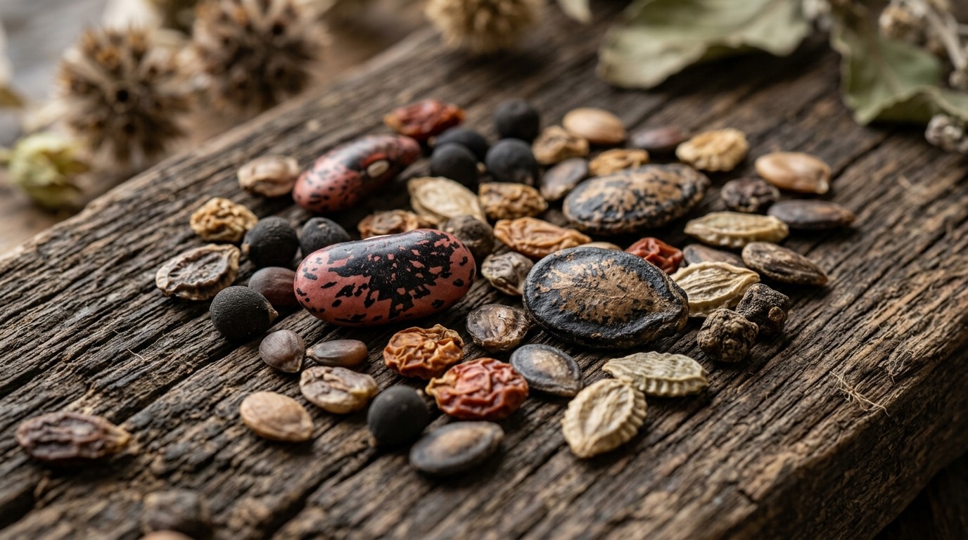 Heirloom vegetable and flower seeds drying on botanical workstation