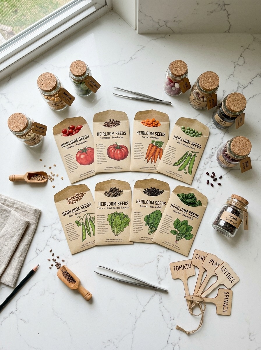 Essential seed saving toolkit including glass mason jars, paper envelopes, silica gel, and sieves