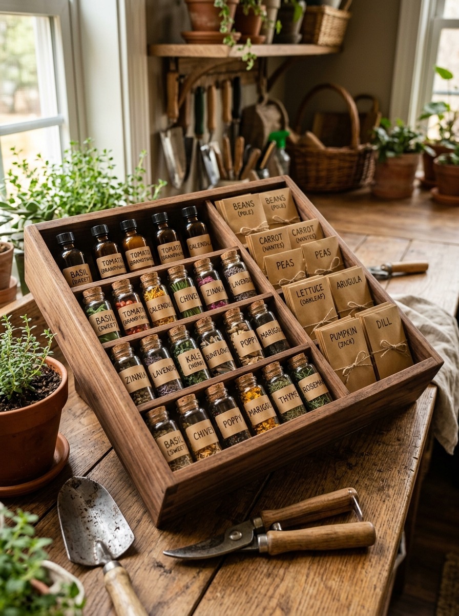 Organized wooden seed storage drawer with labeled envelopes and glass jars