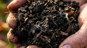 Ultra close-up macro of dark crumbly organic fungal leaf mold in gardener hands