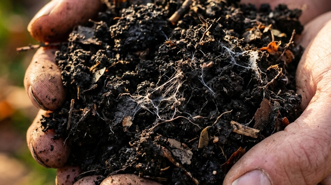Ultra close-up macro of dark crumbly organic fungal leaf mold in gardener hands