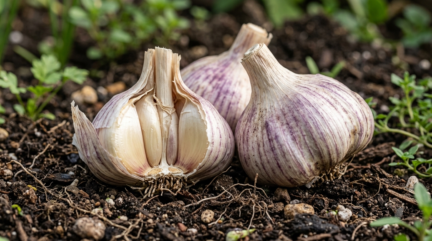 Ultra close-up macro of freshly harvested garlic bulbs and cloves in organic garden soil