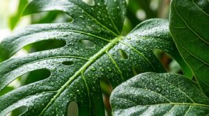 Ultra close-up macro of fresh indoor houseplant foliage with water mist droplets
