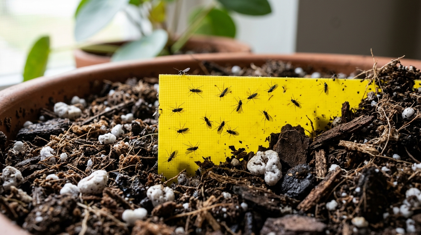 Ultra close-up macro of houseplant soil with yellow sticky traps catching fungus gnats