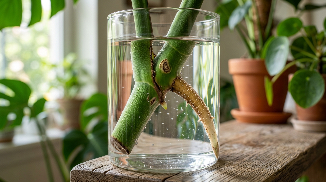 Ultra close-up macro of Monstera node cutting rooting in water
