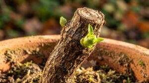 Ultra close-up macro of pruned overwintering sweet pepper woody stem in terracotta pot