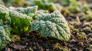 Ultra close-up macro of fresh winter savoy spinach leaves with frost crystals