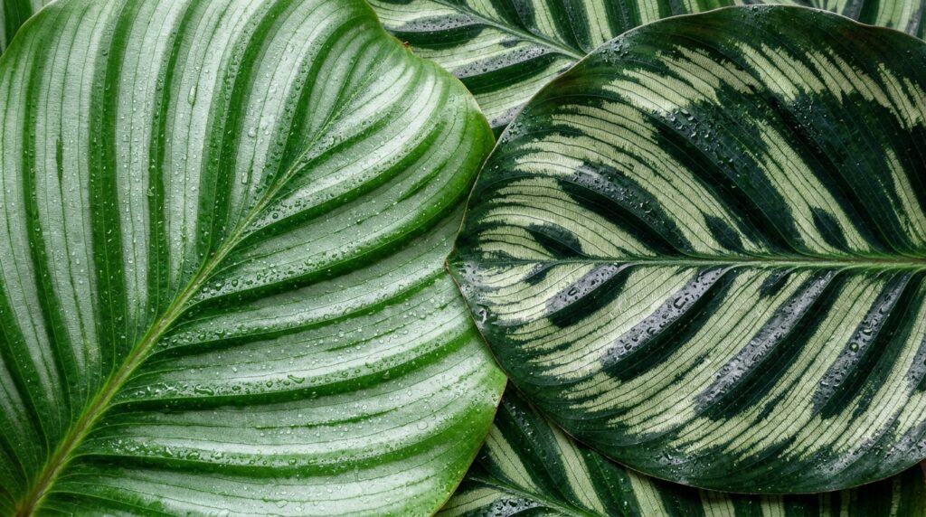 Ultra close-up macro of vibrant Calathea foliage showing intricate pinstripe patterns in soft winter light