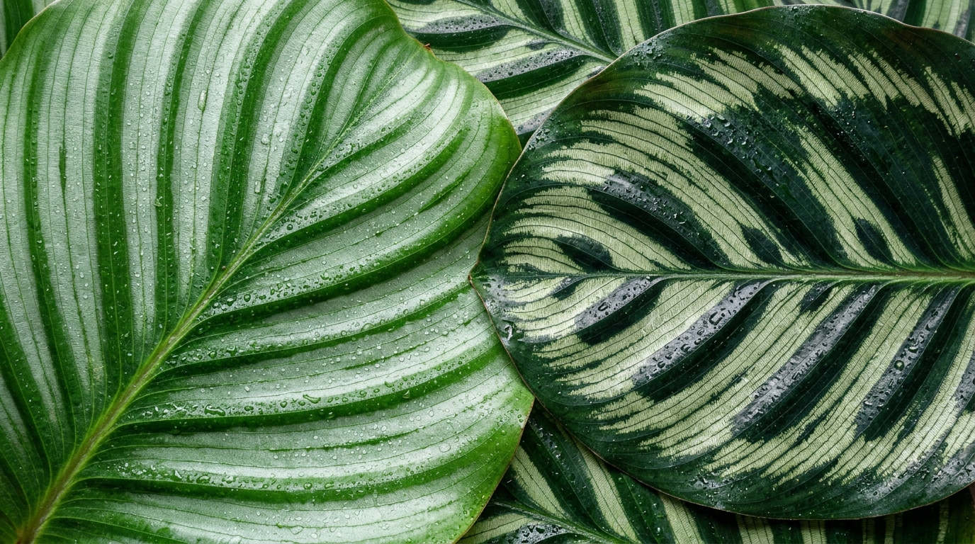 Ultra close-up macro of vibrant Calathea foliage showing intricate pinstripe patterns in soft winter light