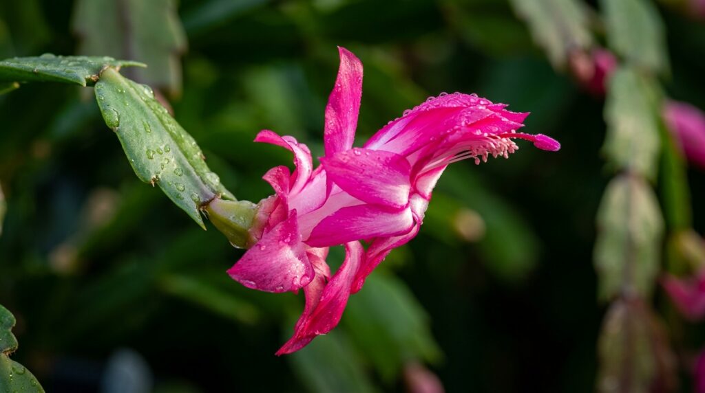 Ultra close-up macro of blooming magenta Christmas cactus bud