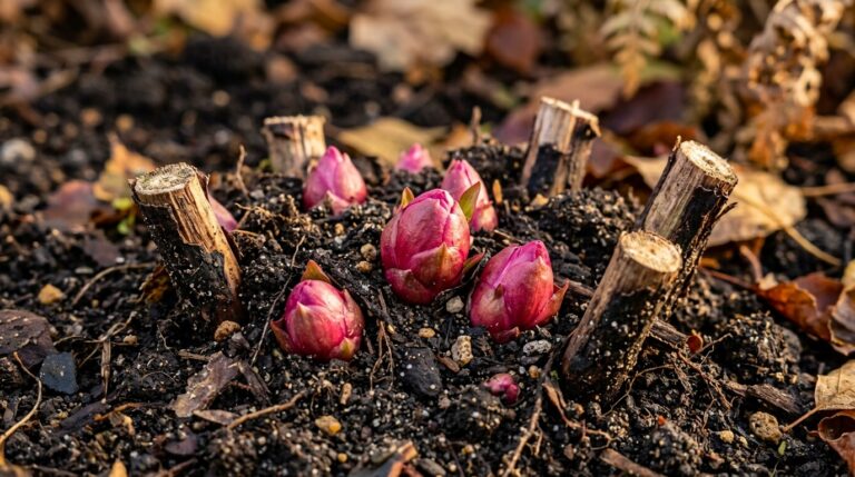 Ultra close up macro of healthy dormant herbaceous peony crown with pink eyes in dark autumn soil