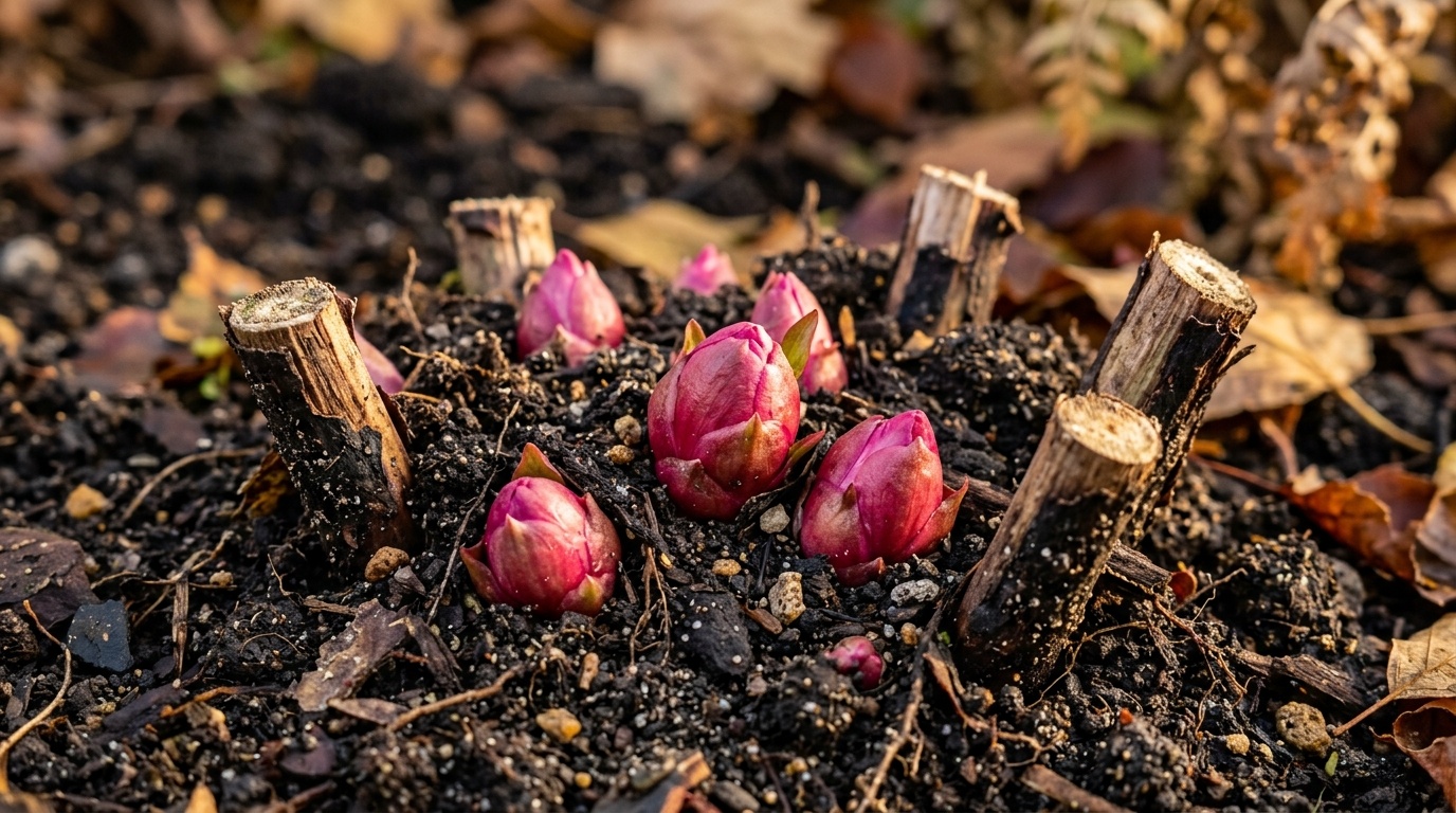 Ultra close up macro of healthy dormant herbaceous peony crown with pink eyes in dark autumn soil