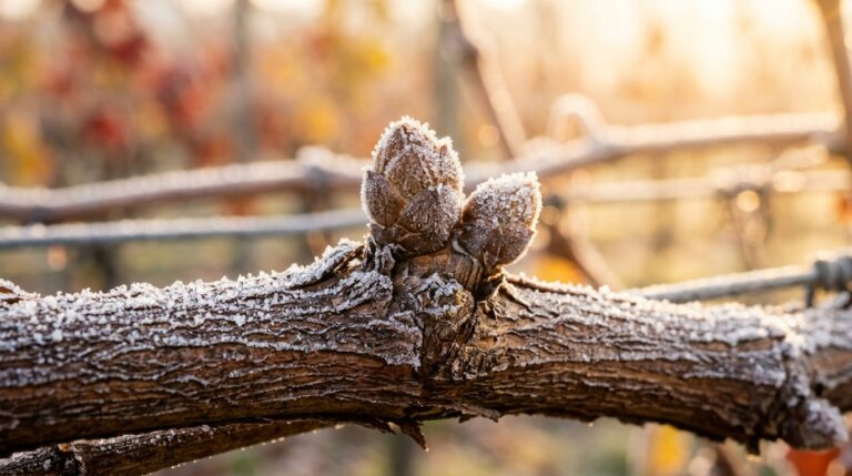 Macro close-up of dormant grapevine canes with striated cinnamon bark and frosty winter buds