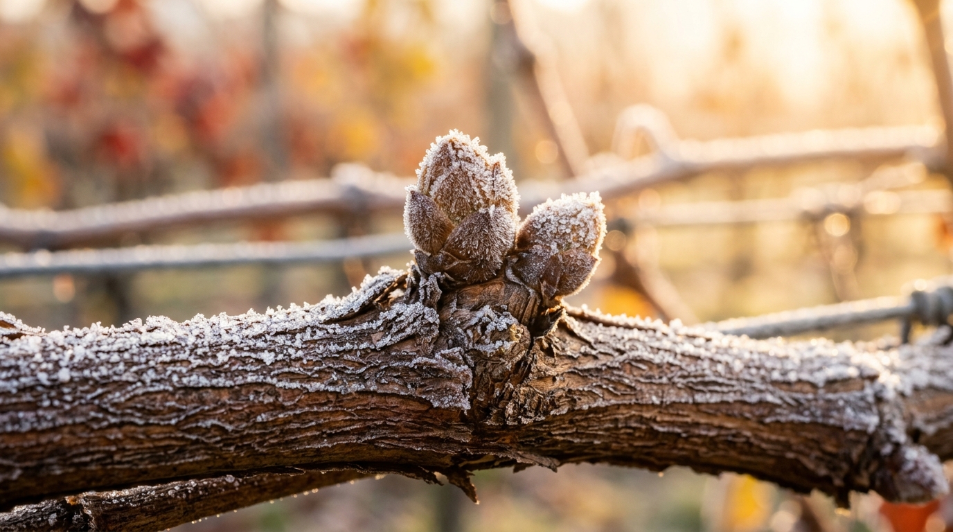 Macro close-up of dormant grapevine canes with cinnamon brown bark and frosty winter buds