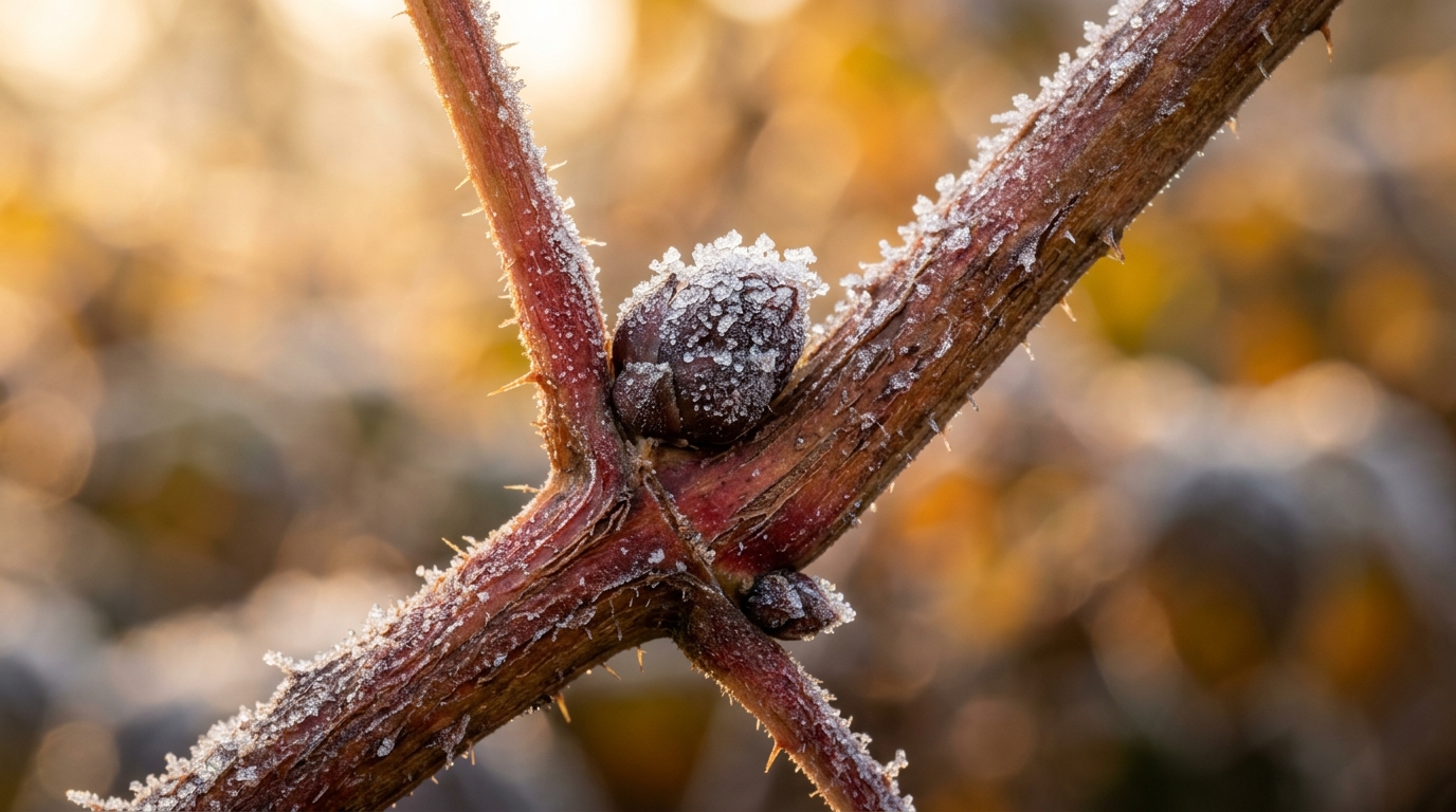 Macro close-up of healthy dormant raspberry canes with bronze winter bark and frosty buds