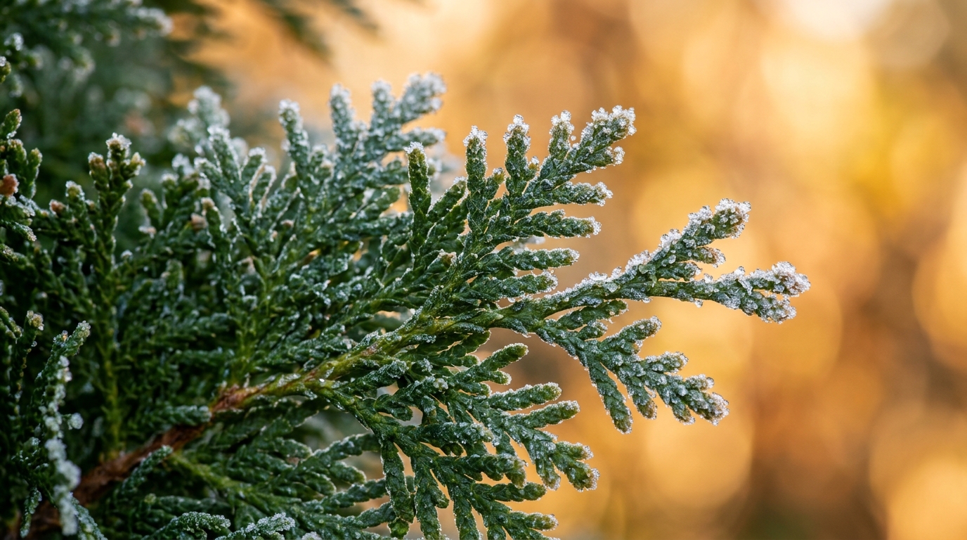 Macro close-up of frost-dusted Emerald Green arborvitae scale foliage in golden late autumn morning light