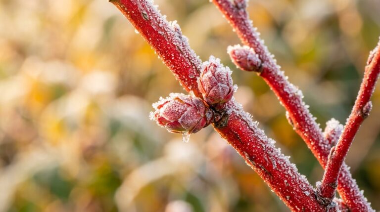 Macro close-up of dormant blueberry bush canes with scarlet red winter bark and frosty fruit buds