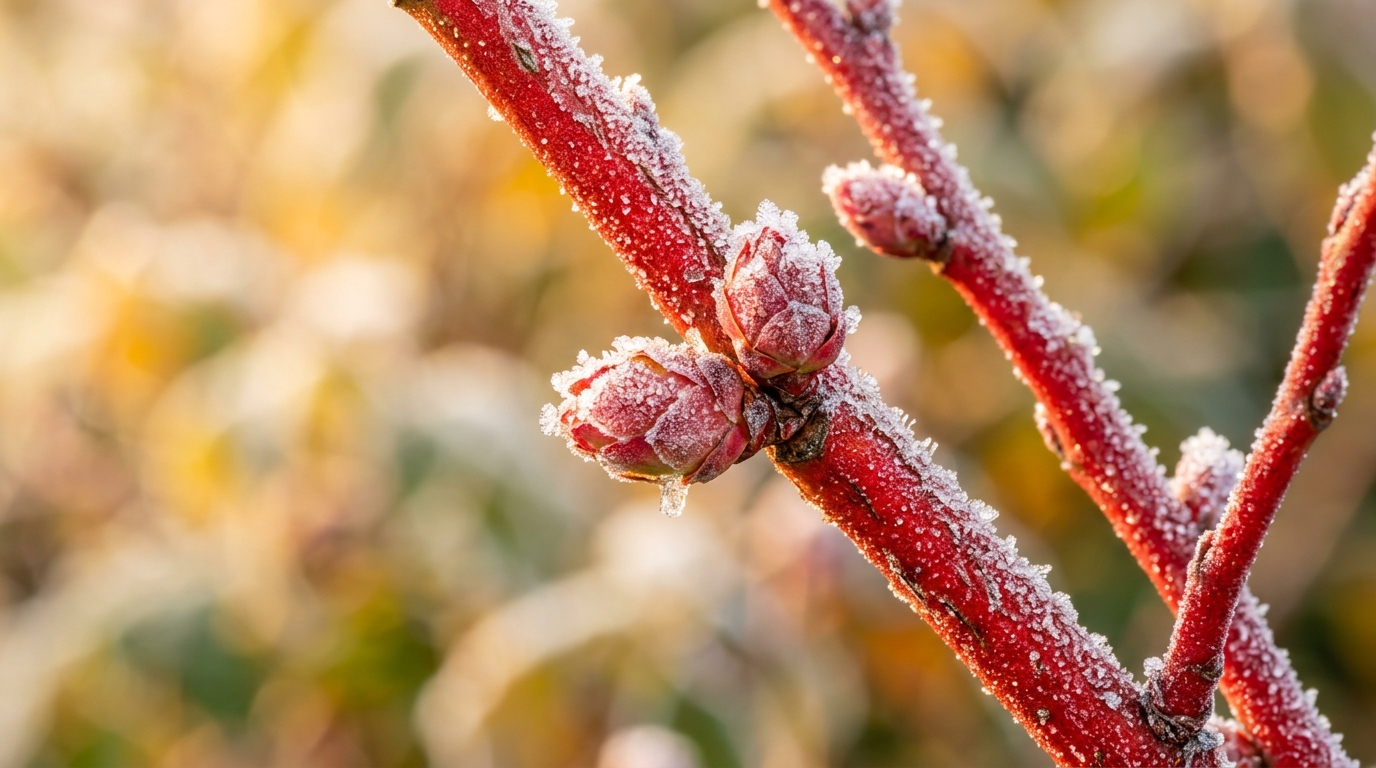 Macro close-up of dormant blueberry canes with vibrant scarlet bark and frosty plump fruit buds