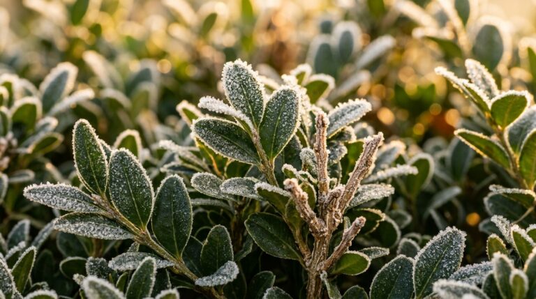 Macro close-up of glossy green boxwood leaves and twigs dusted with autumn morning frost