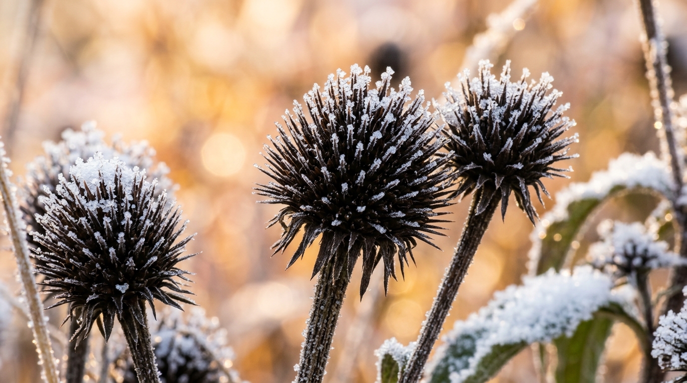 Macro close-up of dark spiky coneflower seedheads dusted with delicate autumn frost crystals