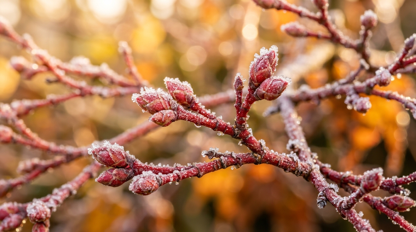 Macro close-up of frost-dusted Japanese maple twigs and dormant buds in late autumn morning light