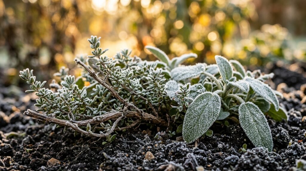 Macro close-up of frost-dusted thyme and sage foliage in garden soil in autumn morning light
