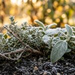 Macro close-up of frost-dusted thyme and sage foliage in garden soil in autumn morning light