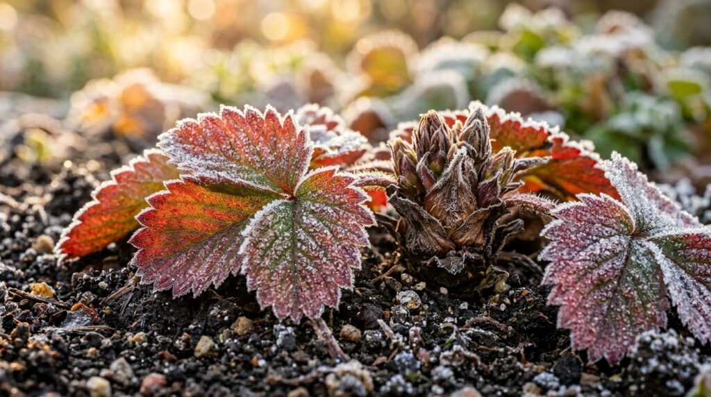 Macro close-up of dormant strawberry crowns in rich soil with delicate autumn frost