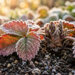 Macro close-up of dormant strawberry crowns in rich soil with delicate autumn frost