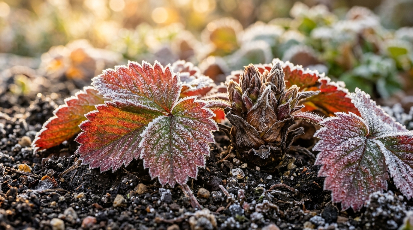 Macro close-up of dormant strawberry crowns in rich garden soil dusted with autumn morning frost