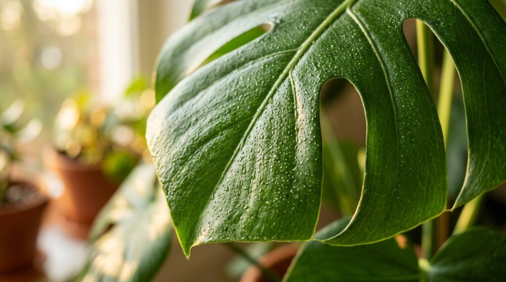 Ultra close-up macro of lush mature fenestrated Monstera deliciosa leaf with humidity droplets
