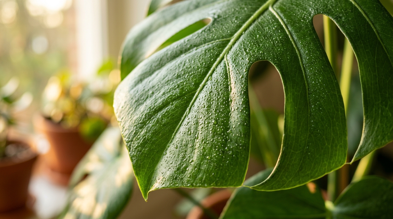 Ultra close-up macro of lush mature fenestrated Monstera deliciosa leaf with humidity droplets