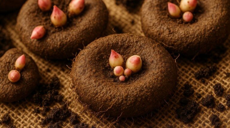 Ultra close up macro of dormant tuberous begonia tubers with pink eye buds on natural burlap