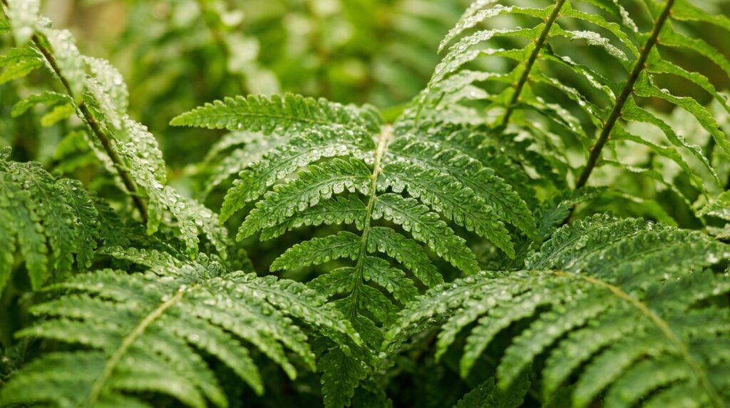 Ultra close up macro of lush emerald green Boston fern fronds with delicate morning mist droplets