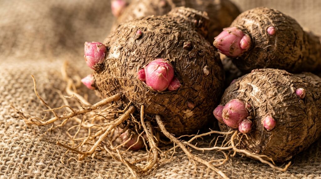 Ultra close up macro of dormant caladium tubers with prominent pink growth eyes on natural burlap