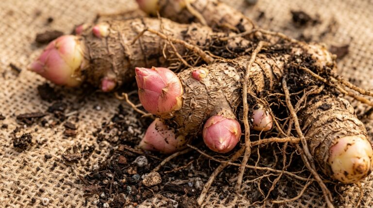 Ultra close up macro of dormant canna lily rhizomes with pink growth eyes on natural burlap