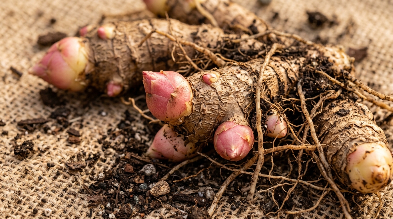 Ultra close up macro of dormant canna lily rhizomes with pink growth eyes on natural burlap