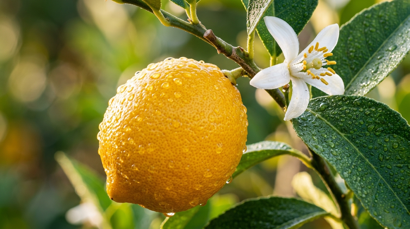 Ultra close up macro of ripe potted Meyer lemons with dew drops on glossy evergreen leaves