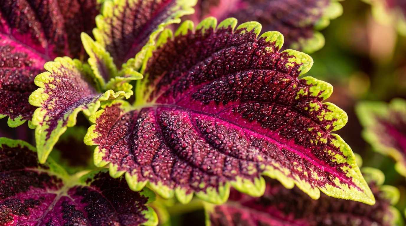 Ultra close up macro of vibrant magenta and chartreuse coleus foliage with morning dew droplets