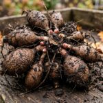 Close-up macro of freshly dug dahlia tuber clump with intact necks and crown
