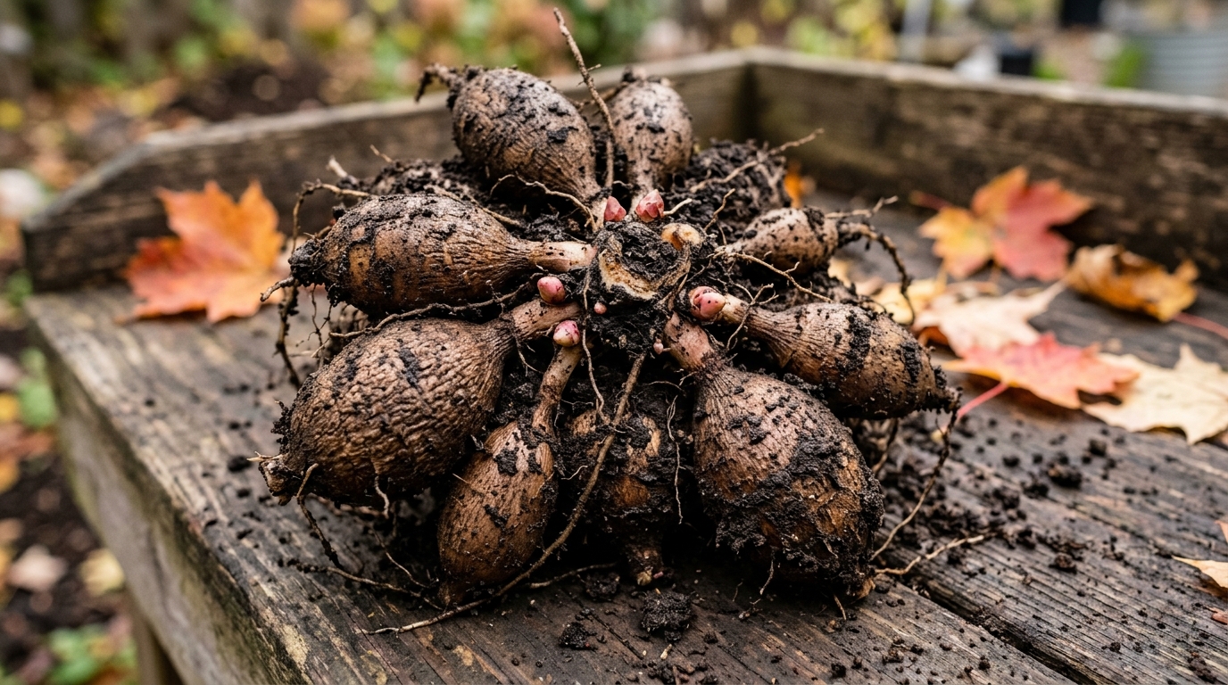 Ultra close-up macro of freshly dug dahlia tuber clump with intact necks and crown