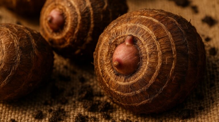 Ultra close up macro of dormant elephant ear corms with fibrous root rings on natural burlap