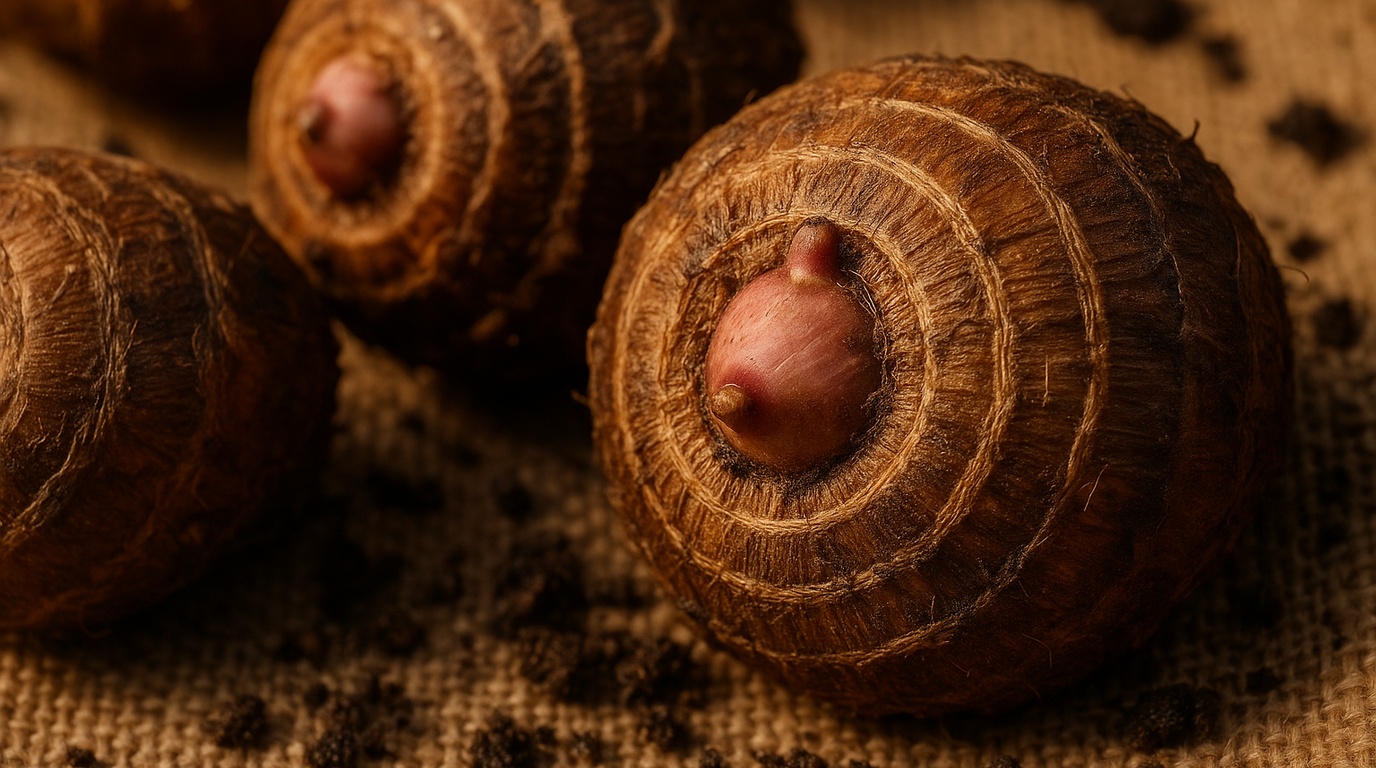 Ultra close up macro of dormant elephant ear corms with fibrous root rings on natural burlap