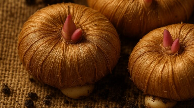 Ultra close up macro of plump dormant gladiolus corms with papery husks on natural burlap